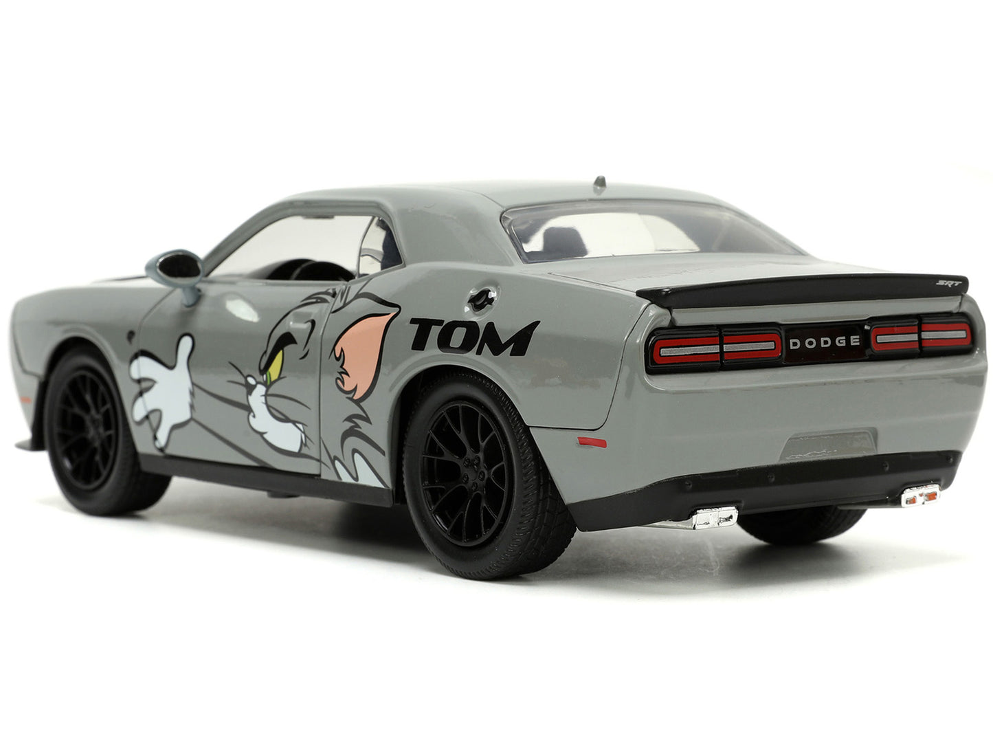 2015 Dodge Challenger Hellcat Gray with "Tom" Graphics and Jerry T&y Diecast Figure "Tom and Jerry" "Hollywood Rides" Series 1/24 T&y Diecast Model Car by Jada