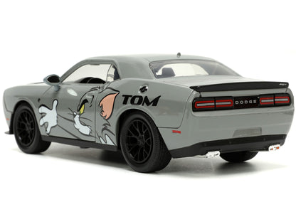 2015 Dodge Challenger Hellcat Gray with "Tom" Graphics and Jerry T&y Diecast Figure "Tom and Jerry" "Hollywood Rides" Series 1/24 T&y Diecast Model Car by Jada