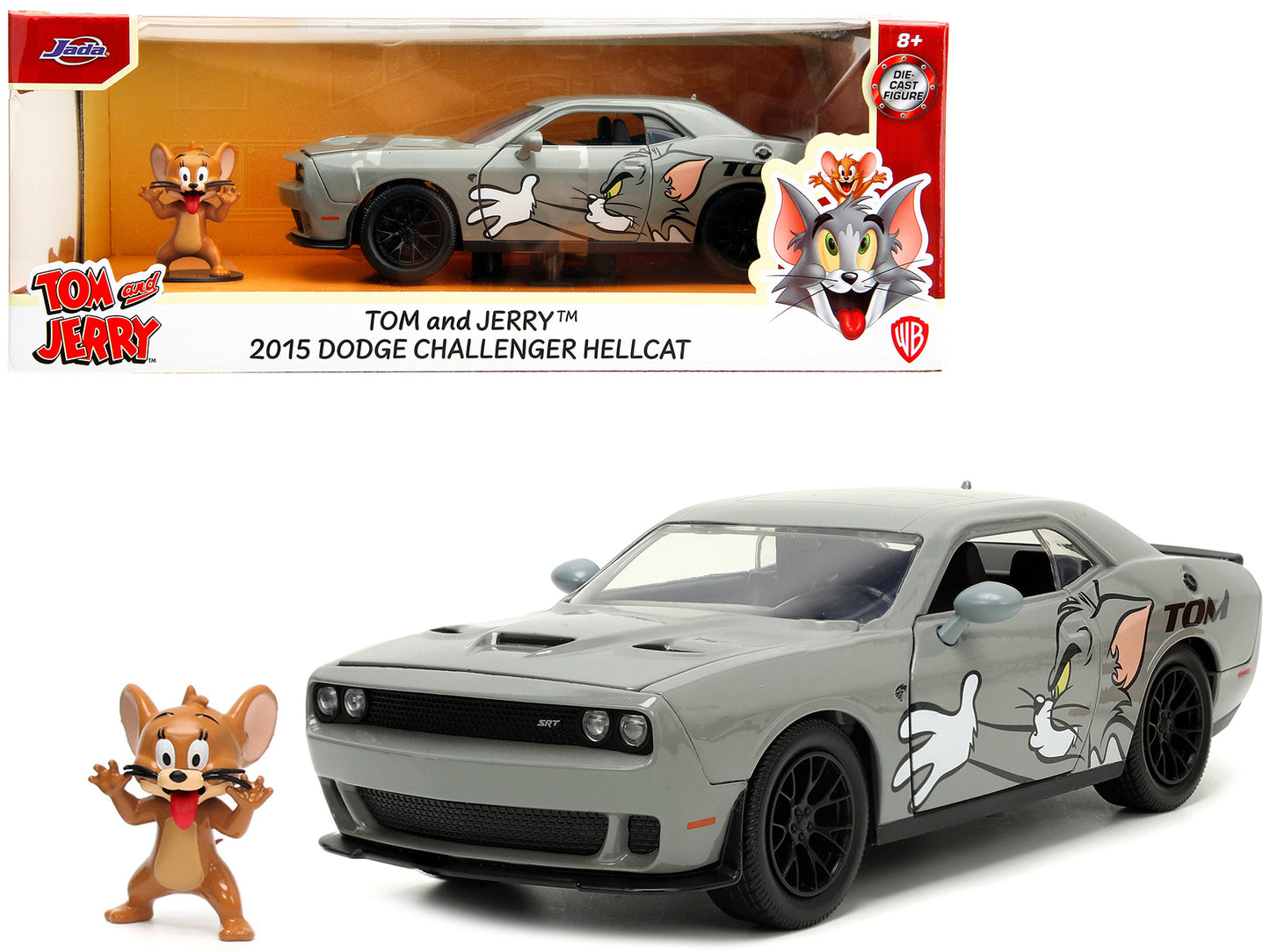 2015 Dodge Challenger Hellcat Gray with "Tom" Graphics and Jerry T&y Diecast Figure "Tom and Jerry" "Hollywood Rides" Series 1/24 T&y Diecast Model Car by Jada