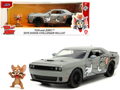 2015 Dodge Challenger Hellcat Gray with "Tom" Graphics and Jerry T&y Diecast Figure "Tom and Jerry" "Hollywood Rides" Series 1/24 T&y Diecast Model Car by Jada