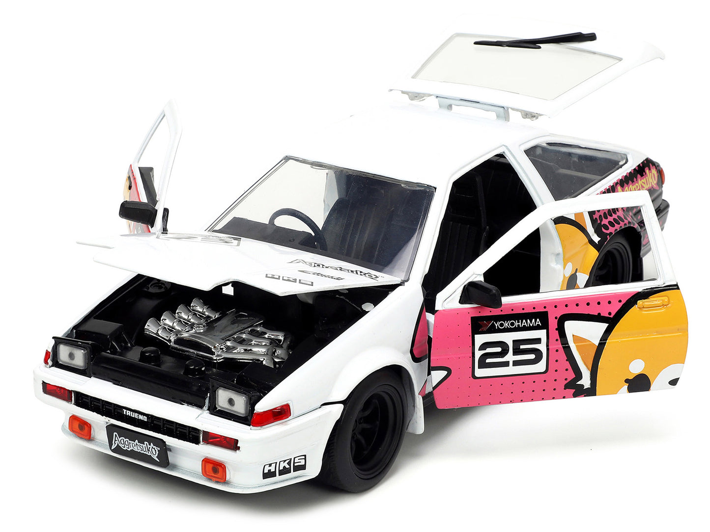 1986 Toyota Trueno (AE86) RHD (Right Hand Drive) #25 White with Graphics and Aggretsuko Diecast Figure "Aggretsuko" "Anime Hollywood Rides" Series 1/24 Model Car by Jada <h2>1986 Jada</h2> <p>High-qua