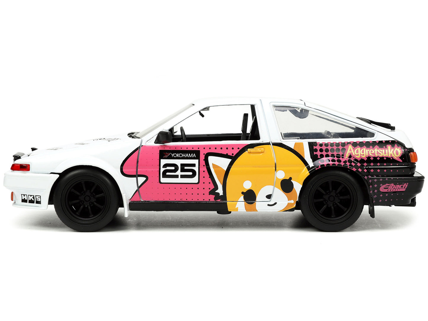 1986 Toyota Trueno (AE86) RHD (Right Hand Drive) #25 White with Graphics and Aggretsuko Diecast Figure "Aggretsuko" "Anime Hollywood Rides" Series 1/24 Model Car by Jada <h2>1986 Jada</h2> <p>High-qua