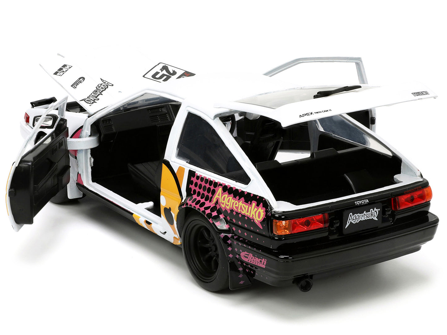 1986 Toyota Trueno (AE86) RHD (Right Hand Drive) #25 White with Graphics and Aggretsuko Diecast Figure "Aggretsuko" "Anime Hollywood Rides" Series 1/24 Model Car by Jada <h2>1986 Jada</h2> <p>High-qua