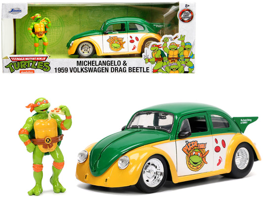 1959 Volkswagen Drag Beetle Green and Yellow Michelangelo Diecast Figure "Teenage Mutant Ninja Turtles" "Hollywood Rides" Series 1/24 Model Car by Jada <h2>1959 Jada</h2> <p>High-quality perfect for c