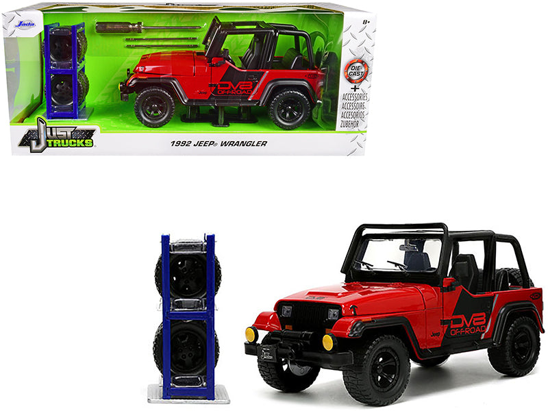 1992 Jeep Wrangler DV8 Off-Road Red with Matt Black Stripes Extra Wheels "Just Trucks" Series 1/24 Diecast Model Car by Jada <h2>1992 Jada</h2> <p>High-quality perfect for collectors and enthusiasts.