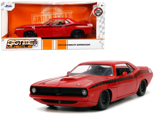 1973 Plymouth Barracuda Red with Black Stripes "Bigtime Muscle" Series 1/24 Diecast Model Car by Jada <h2>1973 Jada</h2> <p>High-quality perfect for collectors and enthusiasts. Features detailed inter