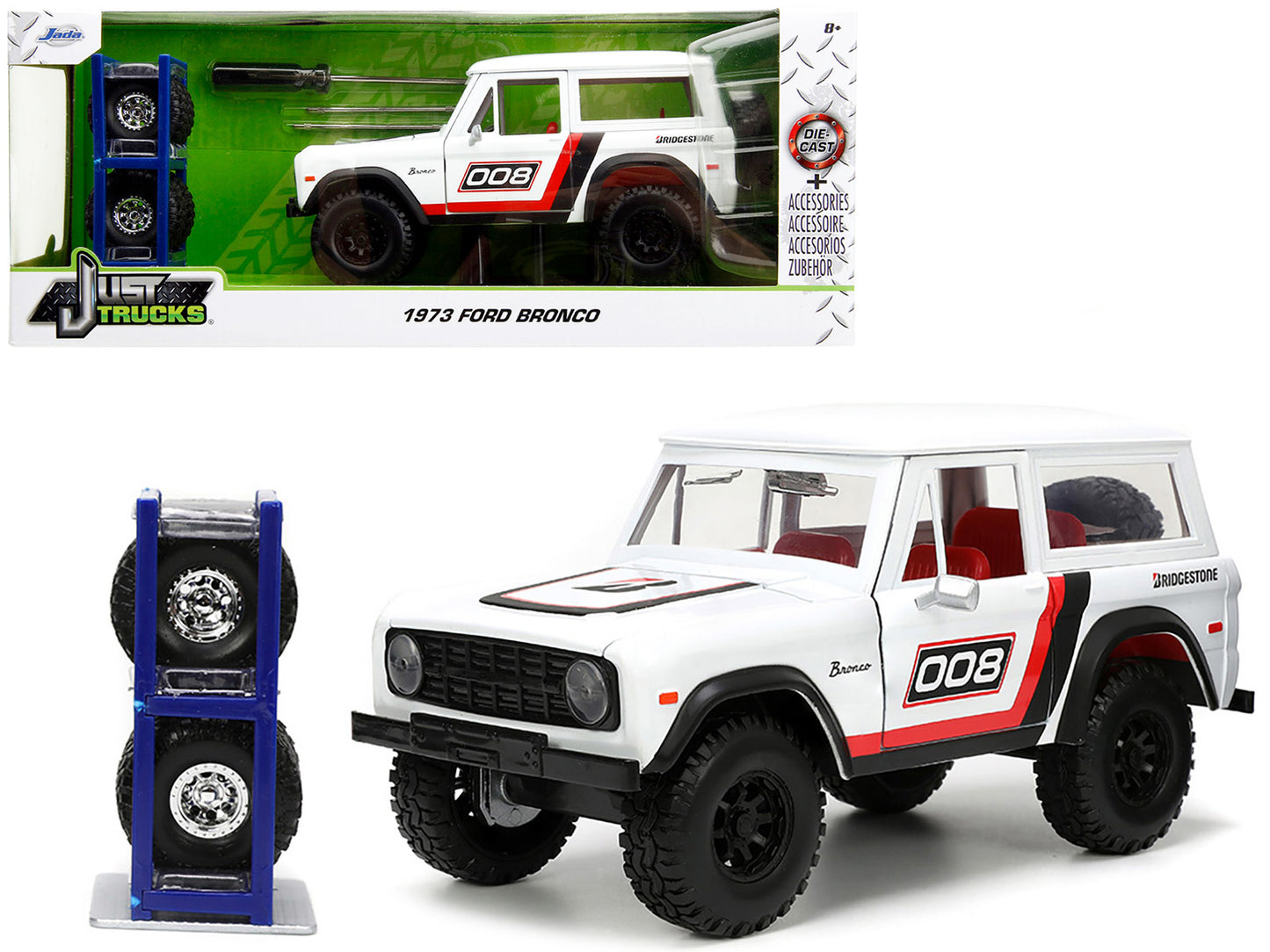 1973 Ford Bronco #008 White with Red and Black Stripes Interior Extra Wheels "Just Trucks" Series 1/24 Diecast Model Car by Jada <h2>1973 Jada</h2> <p>High-quality perfect for collectors enthusiasts.