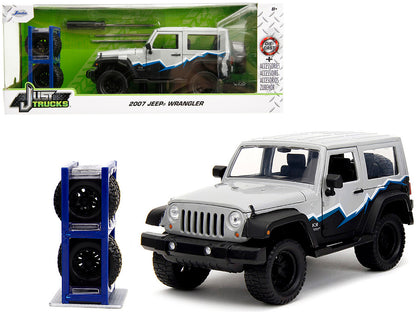 2007 Jeep Wrangler Gray and Black with Blue White Stripes Extra Wheels "Just Trucks" Series 1/24 Diecast Model Car by Jada <h2>2007 Jada</h2> <p>High-quality perfect for collectors enthusiasts. Featur