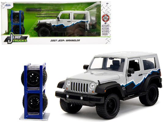 2007 Jeep Wrangler Gray and Black with Blue White Stripes Extra Wheels "Just Trucks" Series 1/24 Diecast Model Car by Jada <h2>2007 Jada</h2> <p>High-quality perfect for collectors enthusiasts. Featur