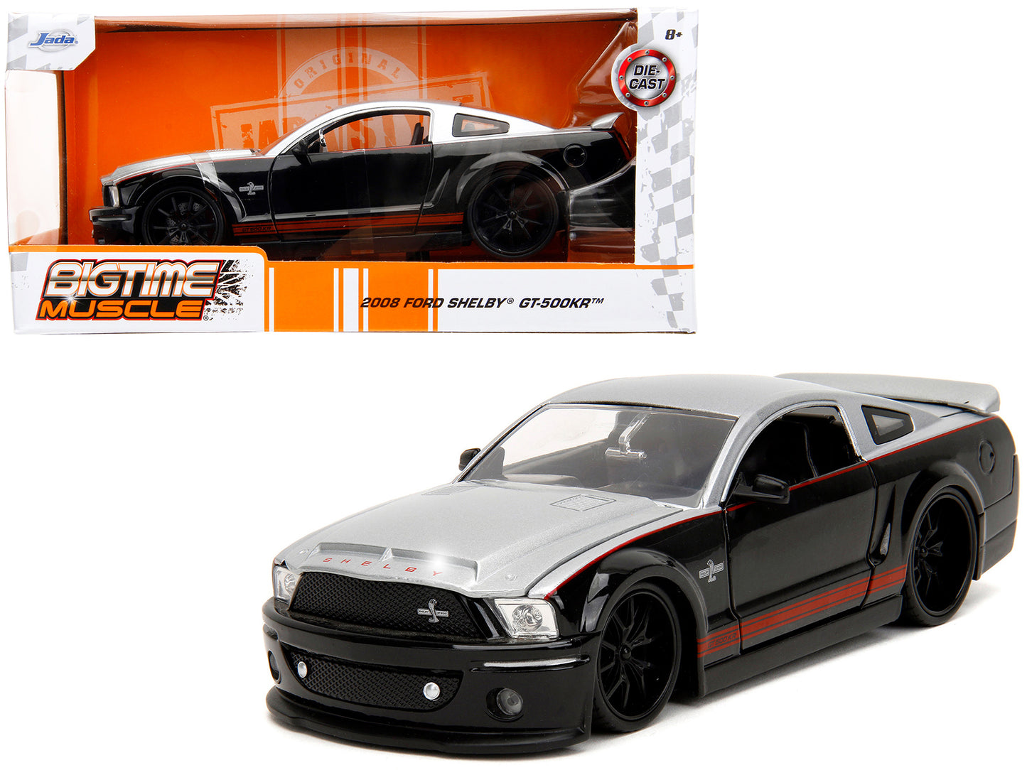 2008 Ford Shelby Mustang GT-500KR Silver and Black with Red Stripes "Bigtime Muscle" Series 1/24 Diecast Model Car by Jada <h2>2008 Jada</h2> <p>High-quality perfect for collectors enthusiasts. Featur
