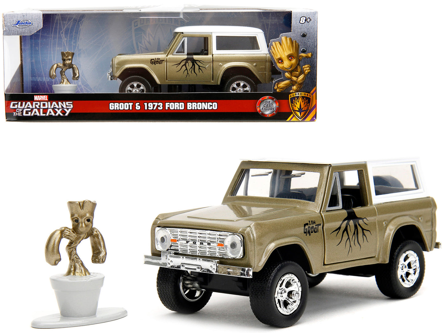 1973 Ford Bronco Gold Metallic with White Top and Groot Diecast Figure "Guardians of the Galaxy" "Marvel" Series 1/32 Model Car by Jada <h2>1973 Jada</h2> <p>High-quality perfect for collectors enthus