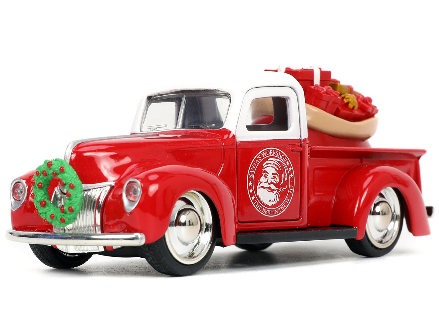 1941 Ford Pickup Truck Red and White "Santa's Workshop" 1957 Chevrolet Bel Air Metallic "Express 25" with Mr. Mrs. Santa Claus Diecast Figures "Holiday Rides" Series 1/32 Model Cars by Jada Car Collec