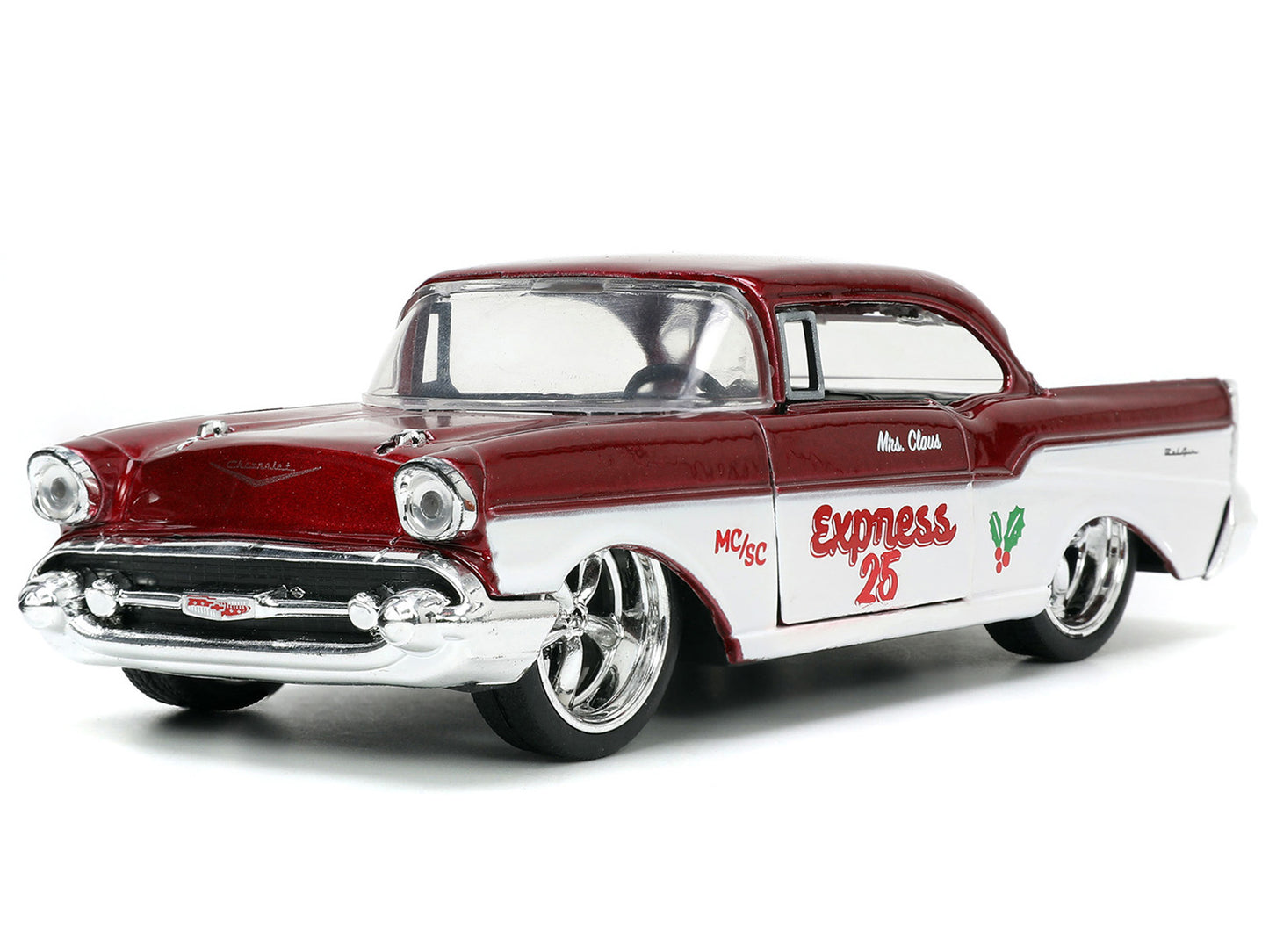 1941 Ford Pickup Truck Red and White "Santa's Workshop" 1957 Chevrolet Bel Air Metallic "Express 25" with Mr. Mrs. Santa Claus Diecast Figures "Holiday Rides" Series 1/32 Model Cars by Jada Car Collec