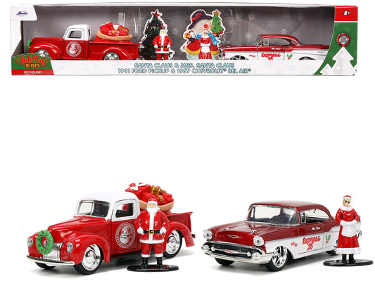 1941 Ford Pickup Truck Red and White "Santa's Workshop" 1957 Chevrolet Bel Air Metallic "Express 25" with Mr. Mrs. Santa Claus Diecast Figures "Holiday Rides" Series 1/32 Model Cars by Jada Car Collec