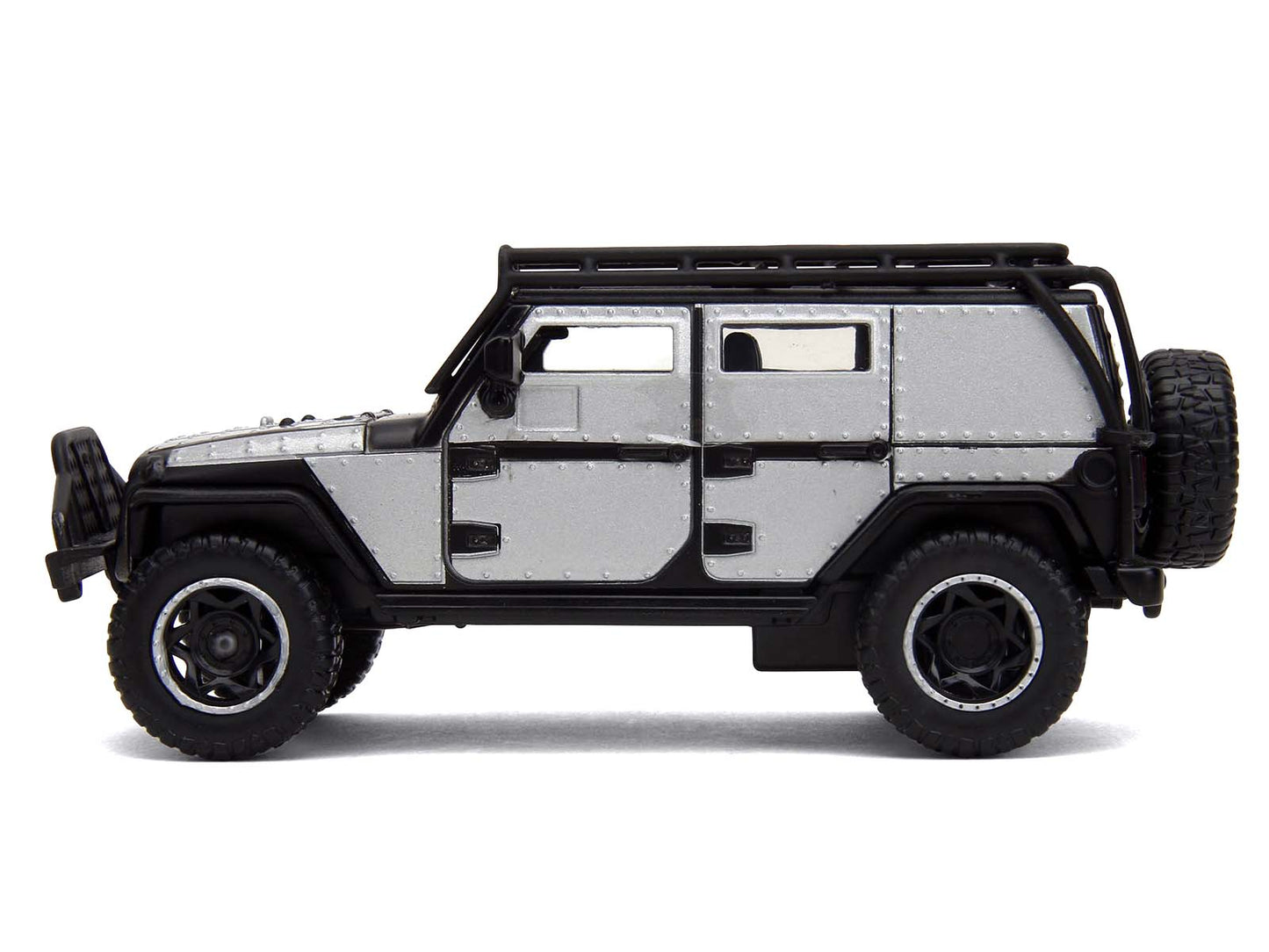 Tej's Jeep Wrangler Custom Silver Metallic with Black Top and Roof Rack "Furious 7" (2015) Movie "25 Years of Fast & Furious" Series 1/32 T&y Diecast Model Car by Jada