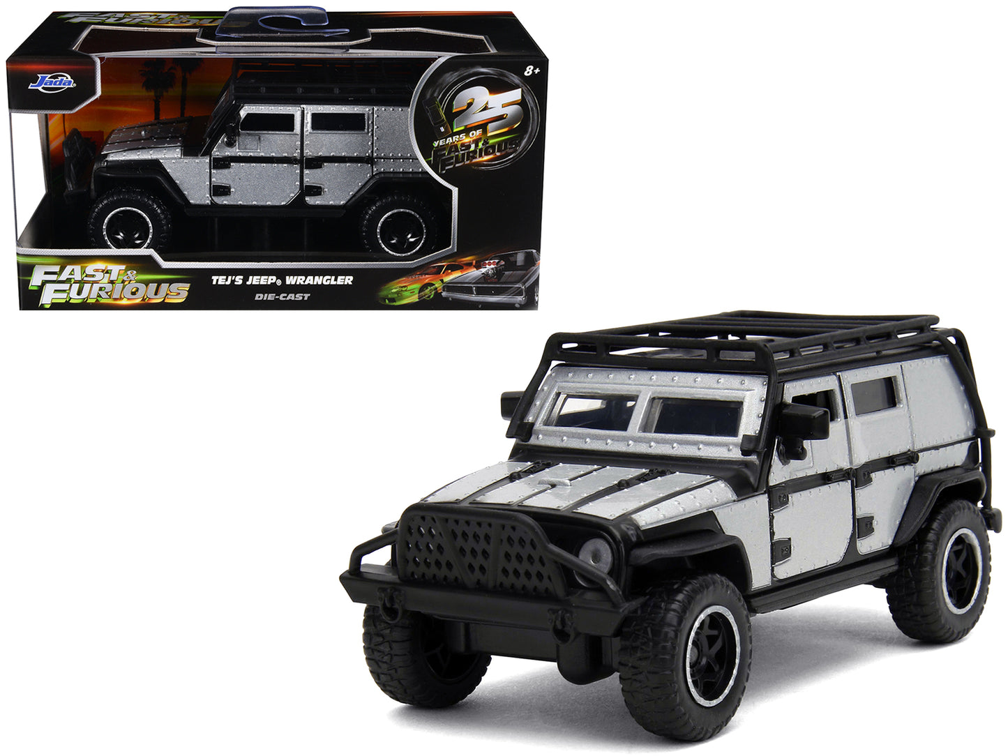 Tej's Jeep Wrangler Custom Silver Metallic with Black Top and Roof Rack "Furious 7" (2015) Movie "25 Years of Fast & Furious" Series 1/32 T&y Diecast Model Car by Jada
