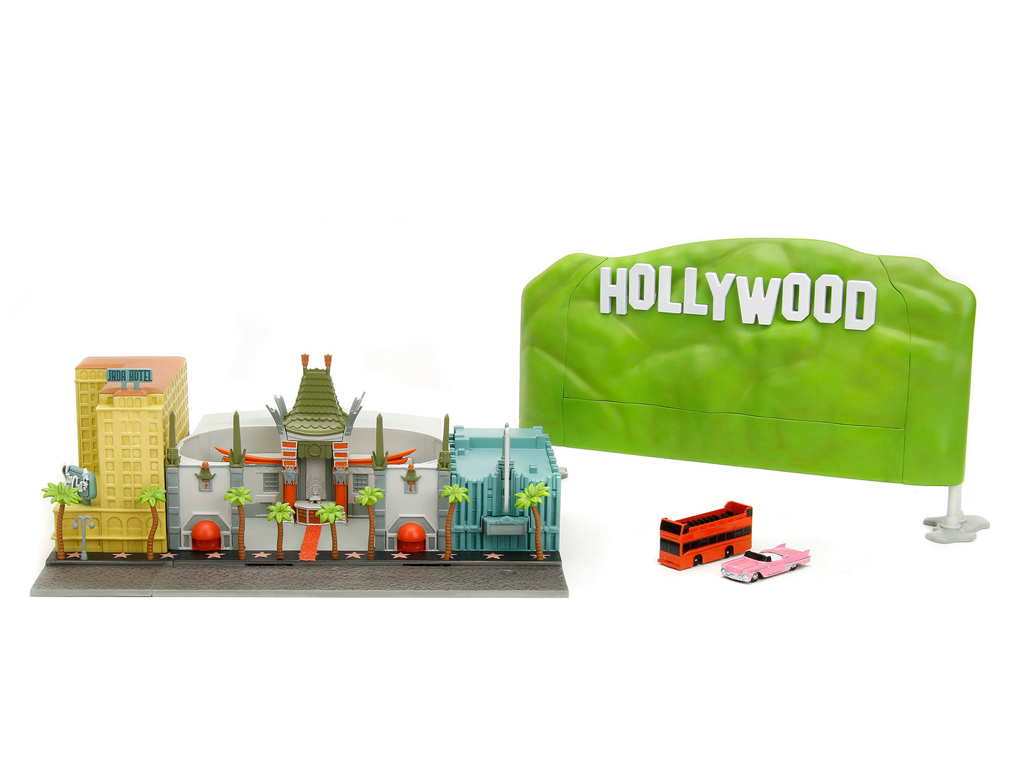 "Hollywood 100" Walk of Fame Diorama with Pink Convertible and Double-Decker Bus "Nano Scene" Series model by Jada <h2>"Hollywood Jada</h2> <p>High-quality diecast car perfect for collectors enthusias