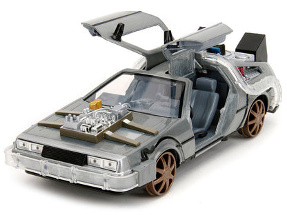 DeLorean Brushed Metal Time Machine (Train Wheel Version) with Lights "Back to the Future Part III" (1990) Movie "Hollywood Rides" Series 1/24 Diecast Model Car by Jada <h2>DeLorean Jada</h2> <p>High-