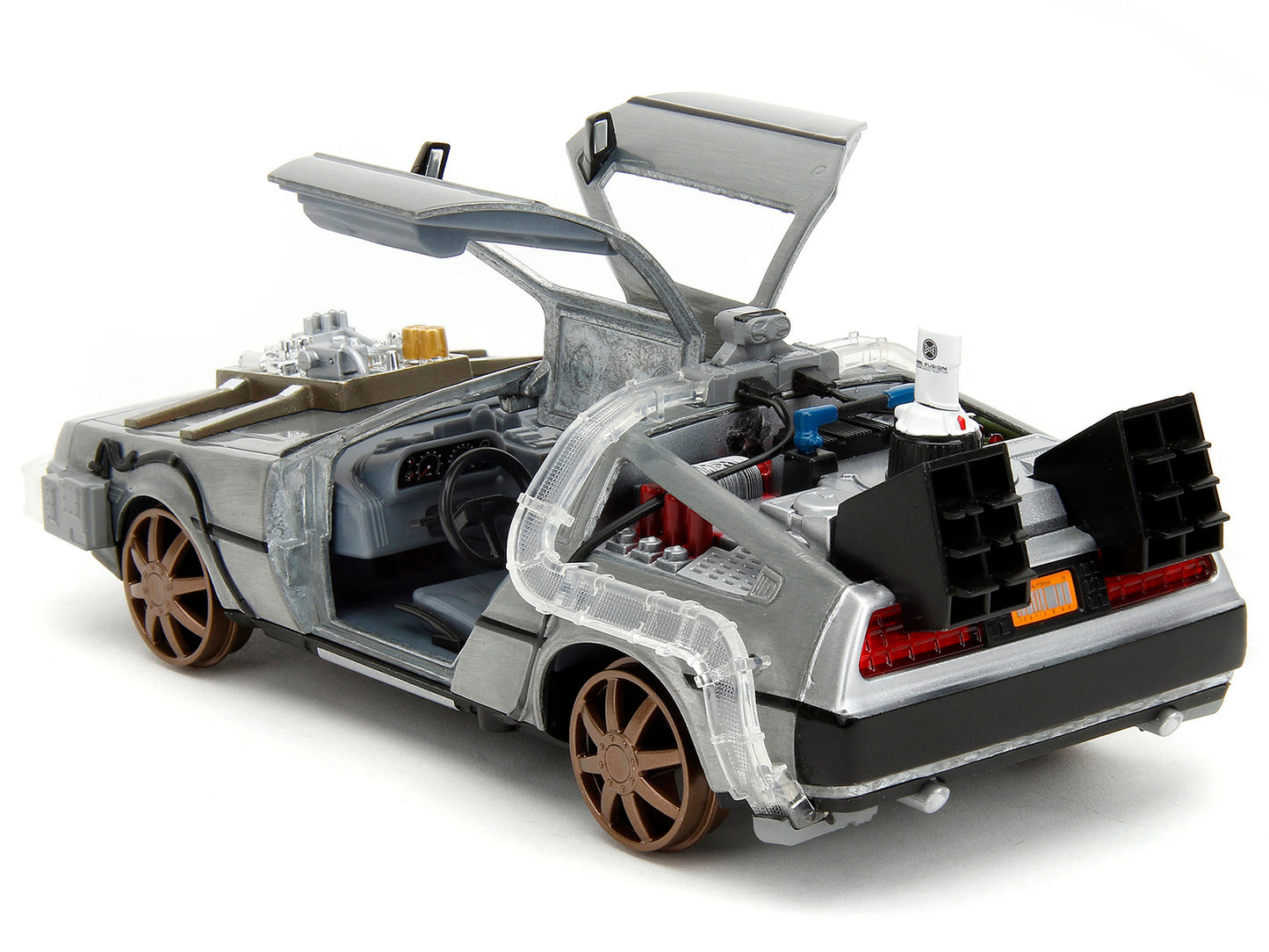 DeLorean Brushed Metal Time Machine (Train Wheel Version) with Lights "Back to the Future Part III" (1990) Movie "Hollywood Rides" Series 1/24 Diecast Model Car by Jada <h2>DeLorean Jada</h2> <p>High-