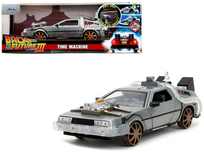 DeLorean Brushed Metal Time Machine (Train Wheel Version) with Lights "Back to the Future Part III" (1990) Movie "Hollywood Rides" Series 1/24 Diecast Model Car by Jada <h2>DeLorean Jada</h2> <p>High-