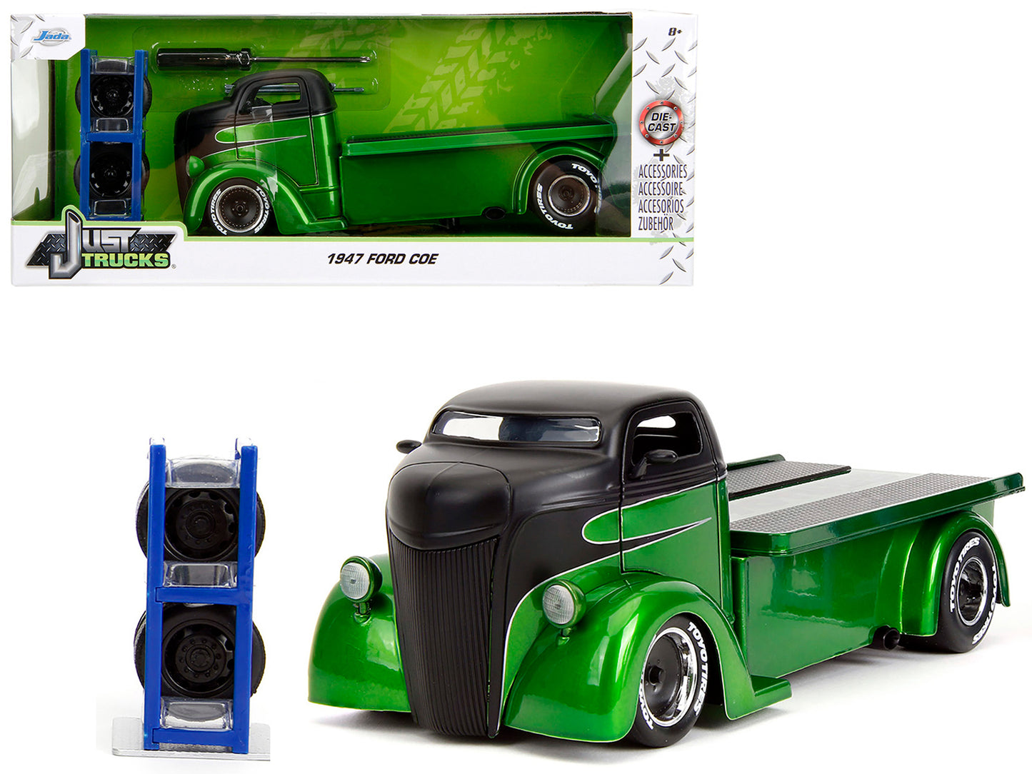 1947 Ford COE Flatbed Truck Green Metallic and Matt Black "Toyo Tires" with Extra Wheels "Just Trucks" Series 1/24 Diecast Model Car by Jada <h2>1947 Jada</h2> <p>High-quality perfect for collectors e