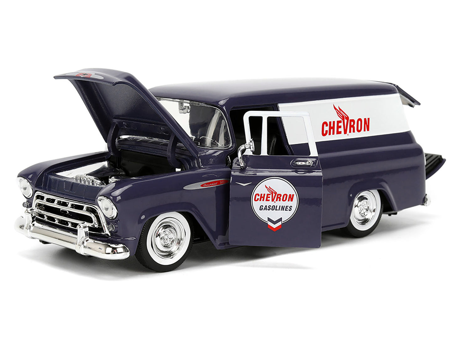 1957 Chevrolet Suburban "Chevron" Dark Blue with White Stripes and Chevron Gas Pump "Just Trucks" Series 1/24 Diecast Model Car by Jada <h2>1957 Jada</h2> <p>High-quality perfect for collectors enthus