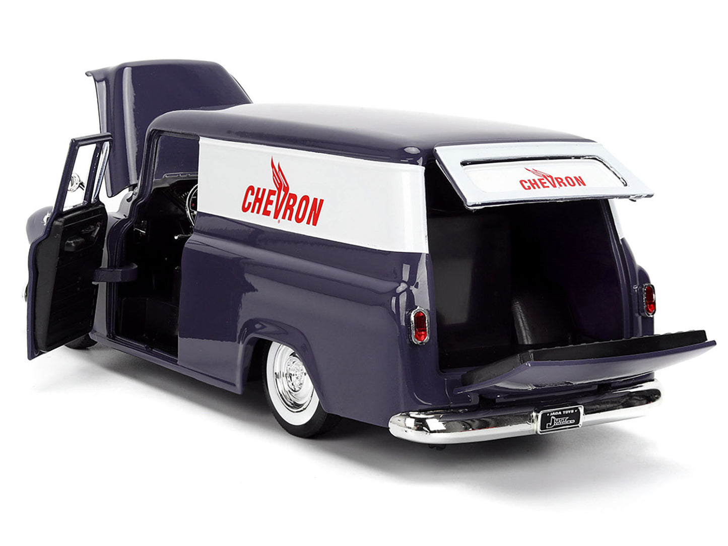 1957 Chevrolet Suburban "Chevron" Dark Blue with White Stripes and Chevron Gas Pump "Just Trucks" Series 1/24 Diecast Model Car by Jada <h2>1957 Jada</h2> <p>High-quality perfect for collectors enthus