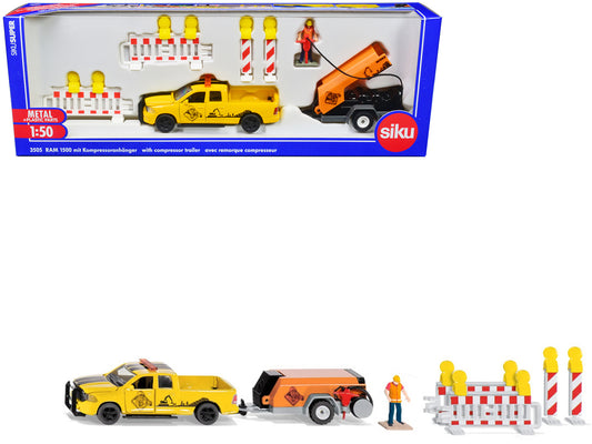 Ram 1500 Pickup Truck Yellow with Compressor Trailer and Worker Figure with Accessories Set 1/50 T&y Diecast Models by Siku