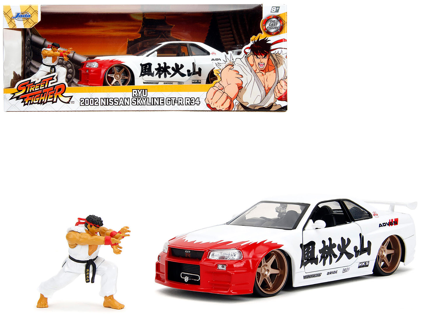 2002 Nissan Skyline GT-R (R34) RHD (Right Hand Drive) White with Red Graphics and Ryu Diecast Figure "Street Fighter" Video Game "Anime Hollywood Rides" Series 1/24 Model Car by Jada <h2>2002 Jada</h2
