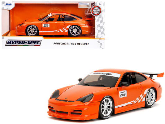 Porsche 911 GT3 RS (996) #008 "Bridgestone" Orange Metallic with White Graphics "Hyper-Spec" Series 1/24 Diecast Model Car by Jada <h2>Porsche Jada</h2> <p>High-quality perfect for collectors and enth