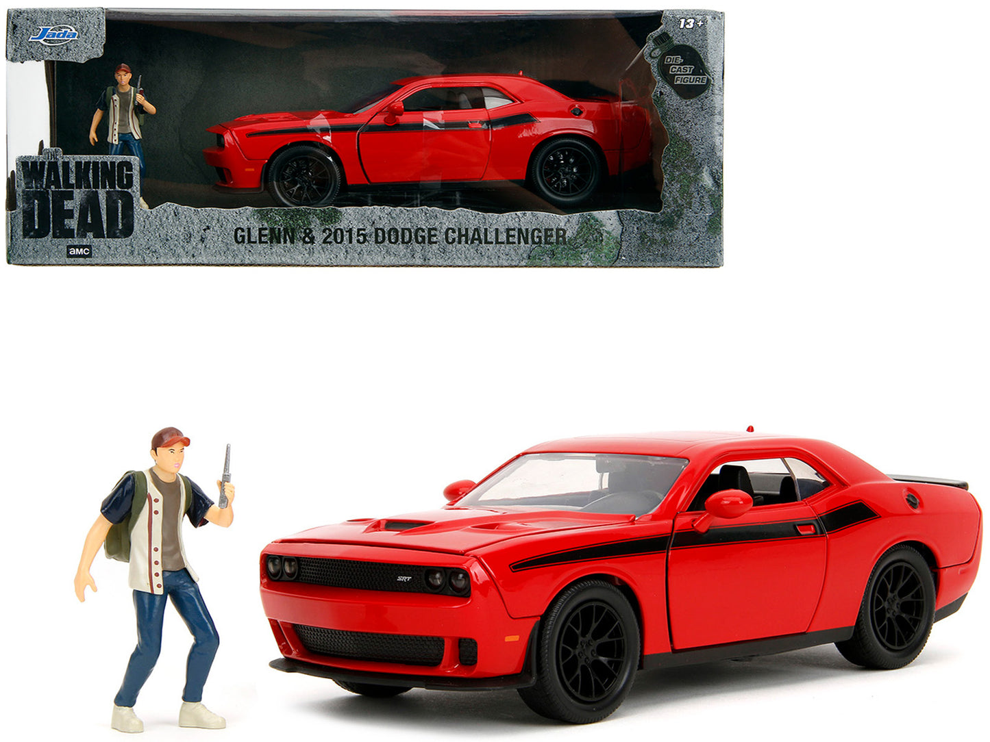 2015 Dodge Challenger Red with Black Stripes and Glenn Diecast Figure "The Walking Dead" (2010-2022) TV Series "Hollywood Rides" 1/24 Model Car by Jada <h2>2015 Jada</h2> <p>High-quality perfect for c