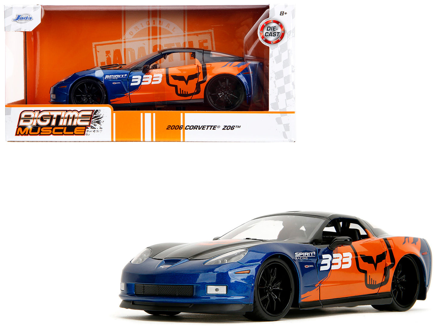 2006 Chevrolet Corvette Z06 #333 "Spirit Racing" Blue Metallic and Orange with Black Hood Top "Bigtime Muscle" Series 1/24 Diecast Model Car by Jada <h2>2006 Jada</h2> <p>High-quality perfect for coll