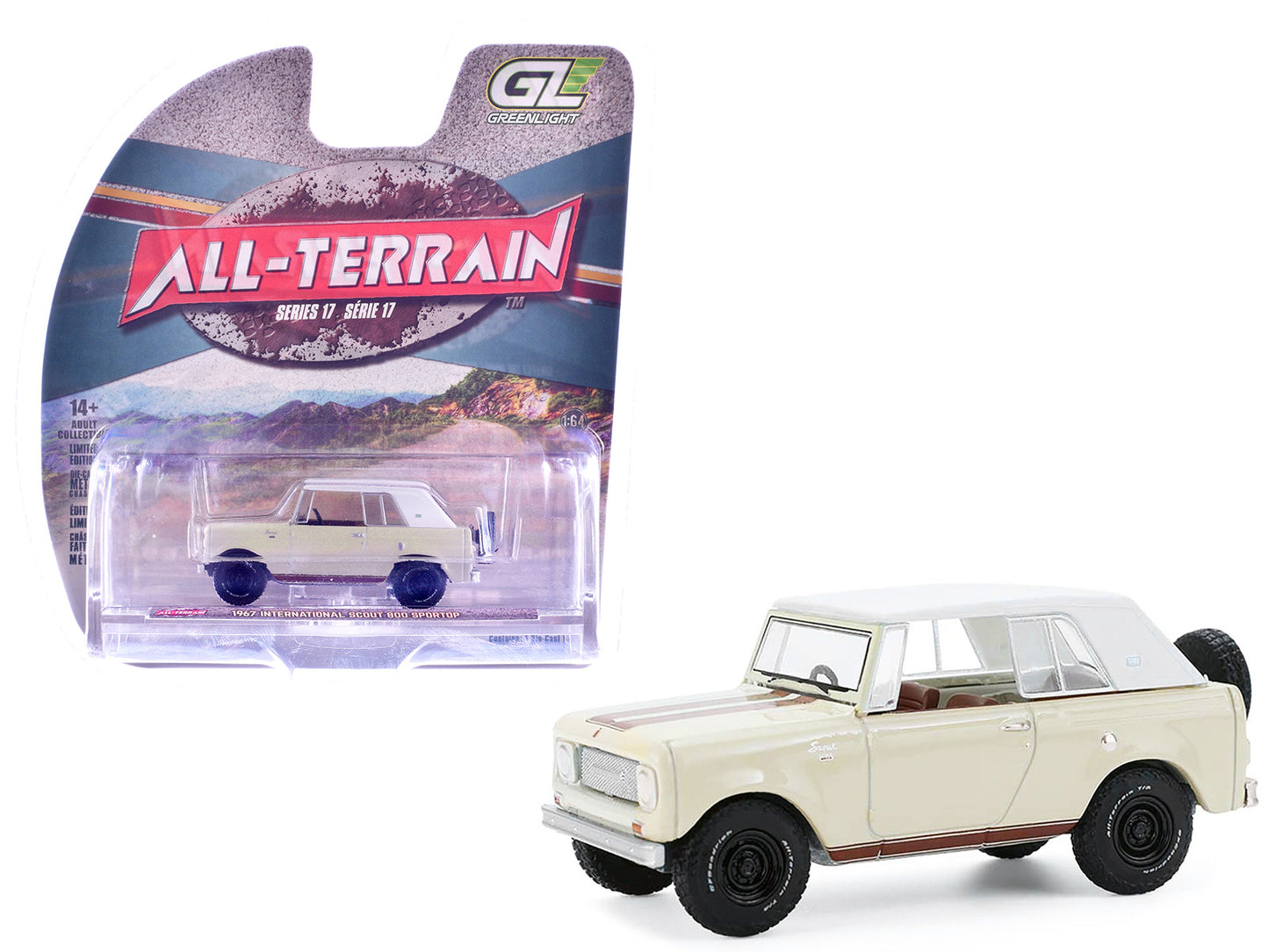 GreenLight 1967 International Scout 800 Sportop Cream with Brown Stripes and White Top "All Terrain" Series 17 1/64 Diecast Model Car by <h2>1967 Greenlight</h2> <p>High-quality perfect for collectors