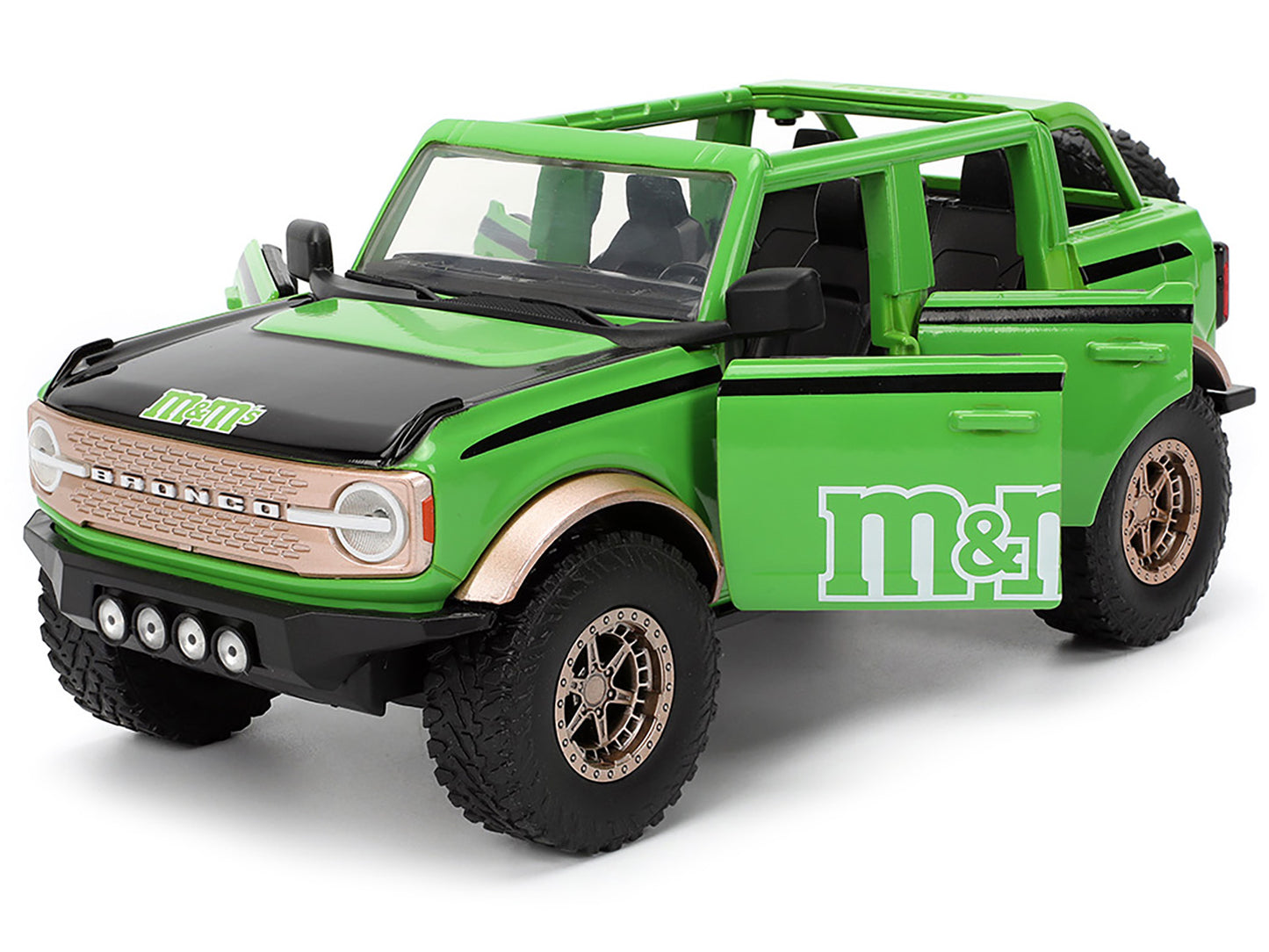 2021 Ford Bronco Green with Black Stripes and M&M's Diecast Figure "Hollywood Rides" Series 1/24 Model Car by Jada <h2>2021 Jada</h2> <p>High-quality perfect for collectors enthusiasts. Features detai