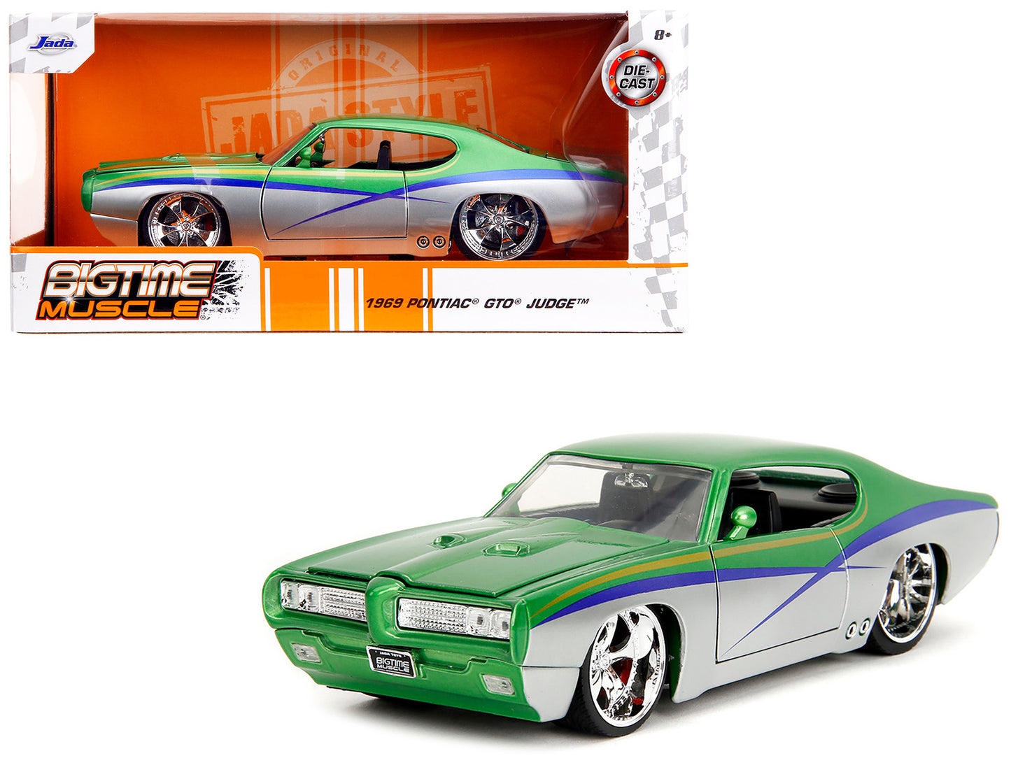 1969 Pontiac GTO Judge Green Metallic and Silver with Stripes "Bigtime Muscle" Series 1/24 Diecast Model Car by Jada <h2>1969 Jada</h2> <p>High-quality perfect for collectors enthusiasts. Features det