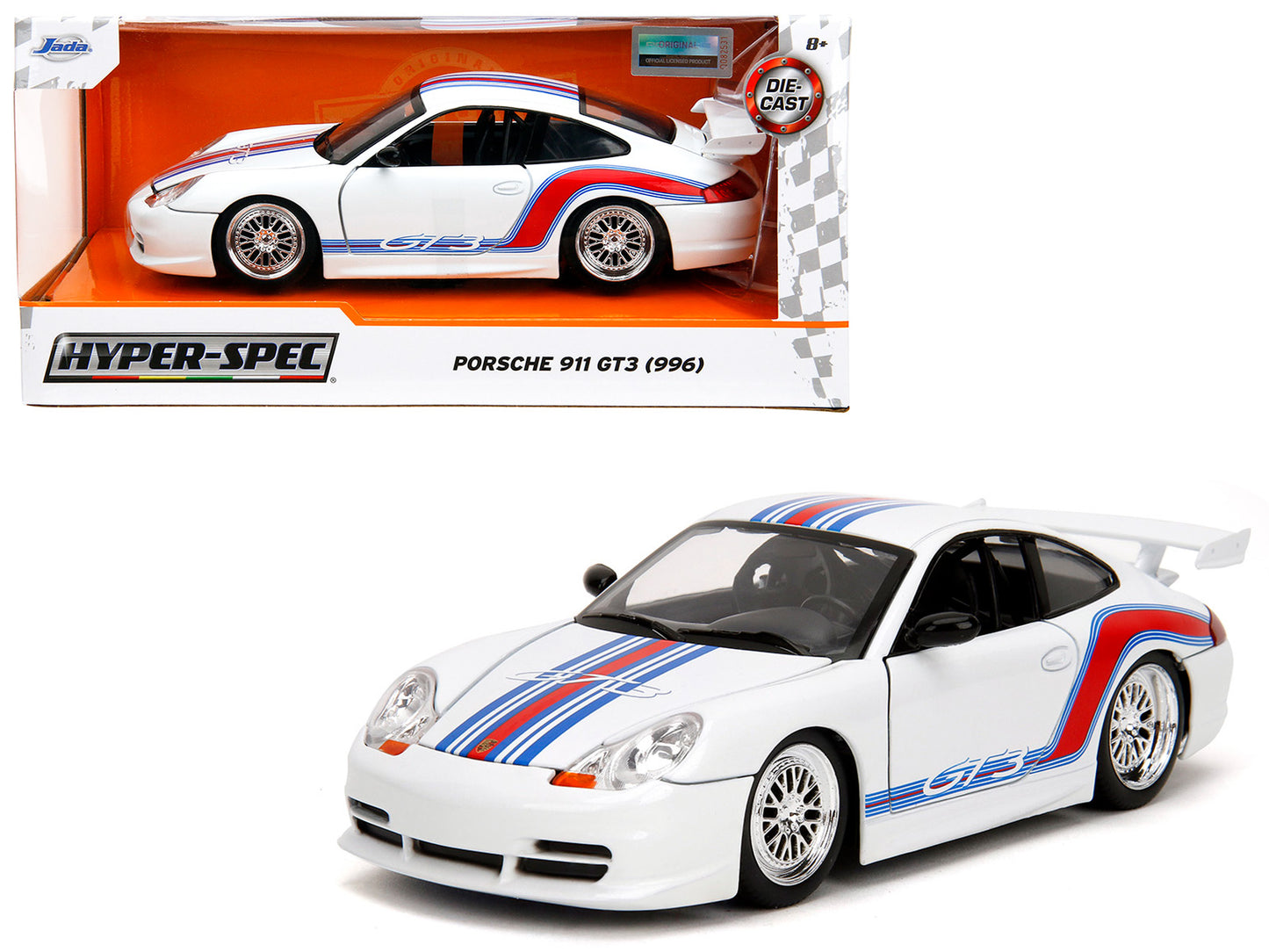 Porsche 911 GT3 (996) White with Red and Blue Stripes "Hyper-Spec" Series 1/24 Diecast Model Car by Jada <h2>Porsche Jada</h2> <p>High-quality perfect for collectors enthusiasts. Features detailed int