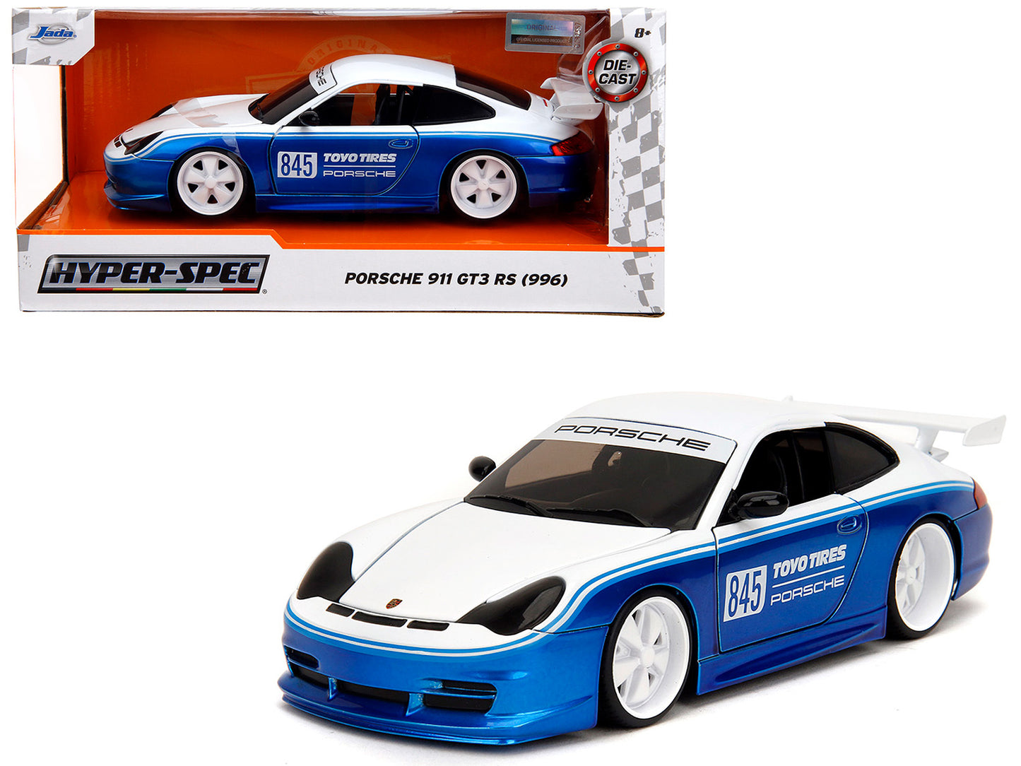 Porsche 911 GT3 RS (996) #845 White and Blue Metallic "Toyo Tires" "Hyper-Spec" Series 1/24 Diecast Model Car by Jada <h2>Porsche Jada</h2> <p>High-quality perfect for collectors enthusiasts. Features
