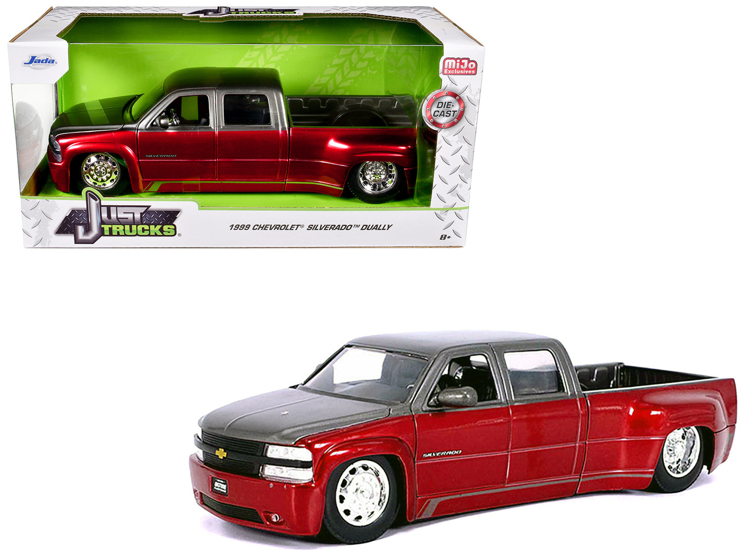1999 Chevrolet Silverado Dually Pickup Truck Red Metallic and Gray with Stock Wheels "Just Trucks" Series 1/24 Diecast Model Car by Jada <h2>1999 Jada</h2> <p>High-quality perfect for collectors enthu