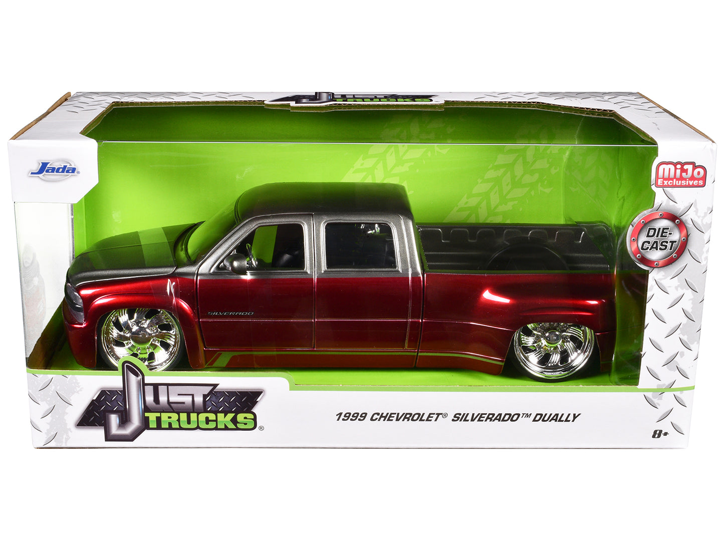 1999 Chevrolet Silverado Dually Pickup Truck Red Metallic and Gray with Custom KMC Wheels "Just Trucks" Series 1/24 Diecast Model Car by Jada <h2>1999 Jada</h2> <p>High-quality perfect for collectors
