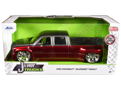 1999 Chevrolet Silverado Dually Pickup Truck Red Metallic and Gray with Custom KMC Wheels "Just Trucks" Series 1/24 Diecast Model Car by Jada <h2>1999 Jada</h2> <p>High-quality perfect for collectors
