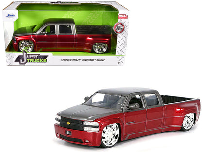 1999 Chevrolet Silverado Dually Pickup Truck Red Metallic and Gray with Custom KMC Wheels "Just Trucks" Series 1/24 Diecast Model Car by Jada <h2>1999 Jada</h2> <p>High-quality perfect for collectors