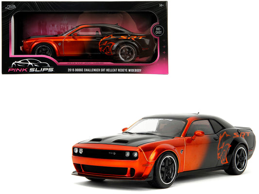 Dodge Challenger SRT Hellcat Orange Metallic and Black "Pink Slips" Series 1/18 T&y Diecast Model Car by Jada