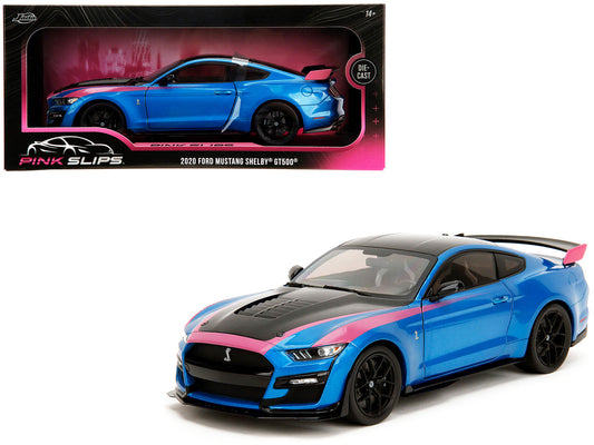 Ford Mustang Shelby GT500 Blue Metallic with Pink Stripes and Black Hood and Top "Pink Slips" Series 1/18 T&y Diecast Model Car by Jada