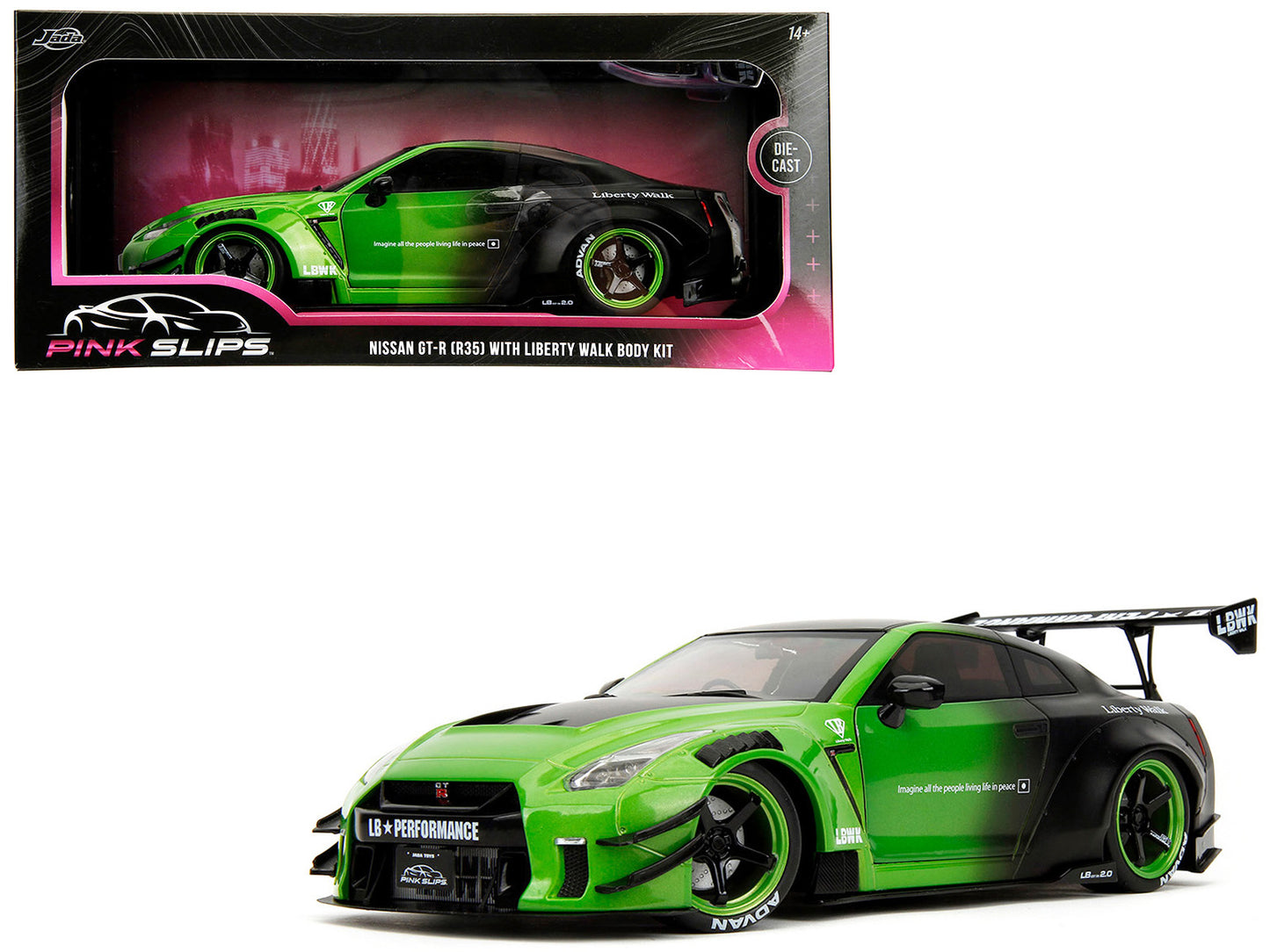 Nissan GT-R (R35) Liberty Walk Body Kit 2.0 RHD (Right Hand Drive) Green and Matt Black "Pink Slips" Series 1/18 Diecast Model Car by Jada <h2>Nissan Jada</h2> <p>High-quality perfect for collectors e