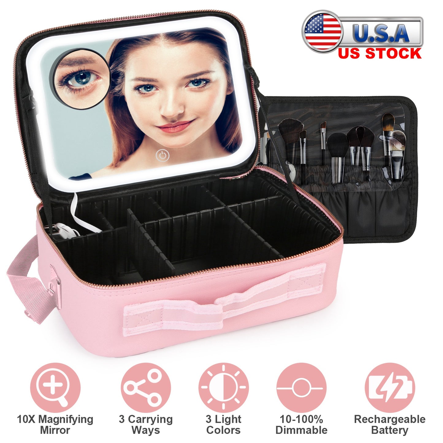 Travel Makeup Bag With Led Mirror Case Organizer 3 Light Colors Adjustable Divi