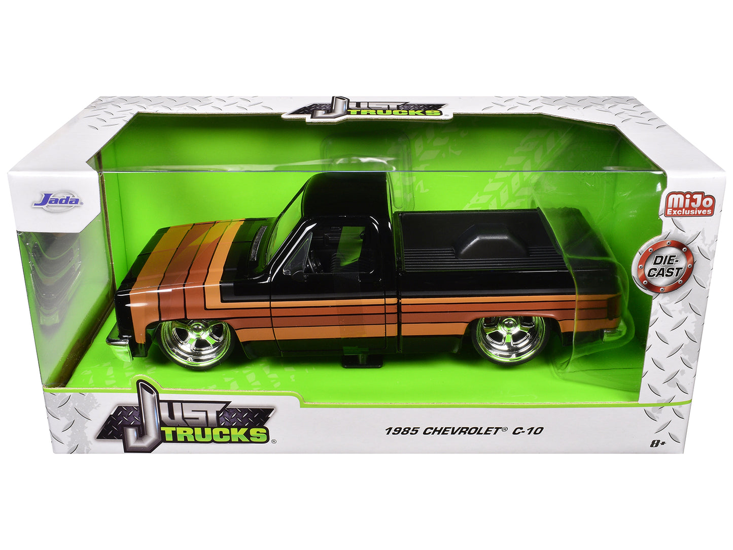 1985 Chevrolet C-10 Pickup Truck Black with Stripes and Paradox Wheels "Just Trucks" Series 1/24 Diecast Model Car by Jada <h2>1985 Jada</h2> <p>High-quality perfect for collectors enthusiasts. Featur