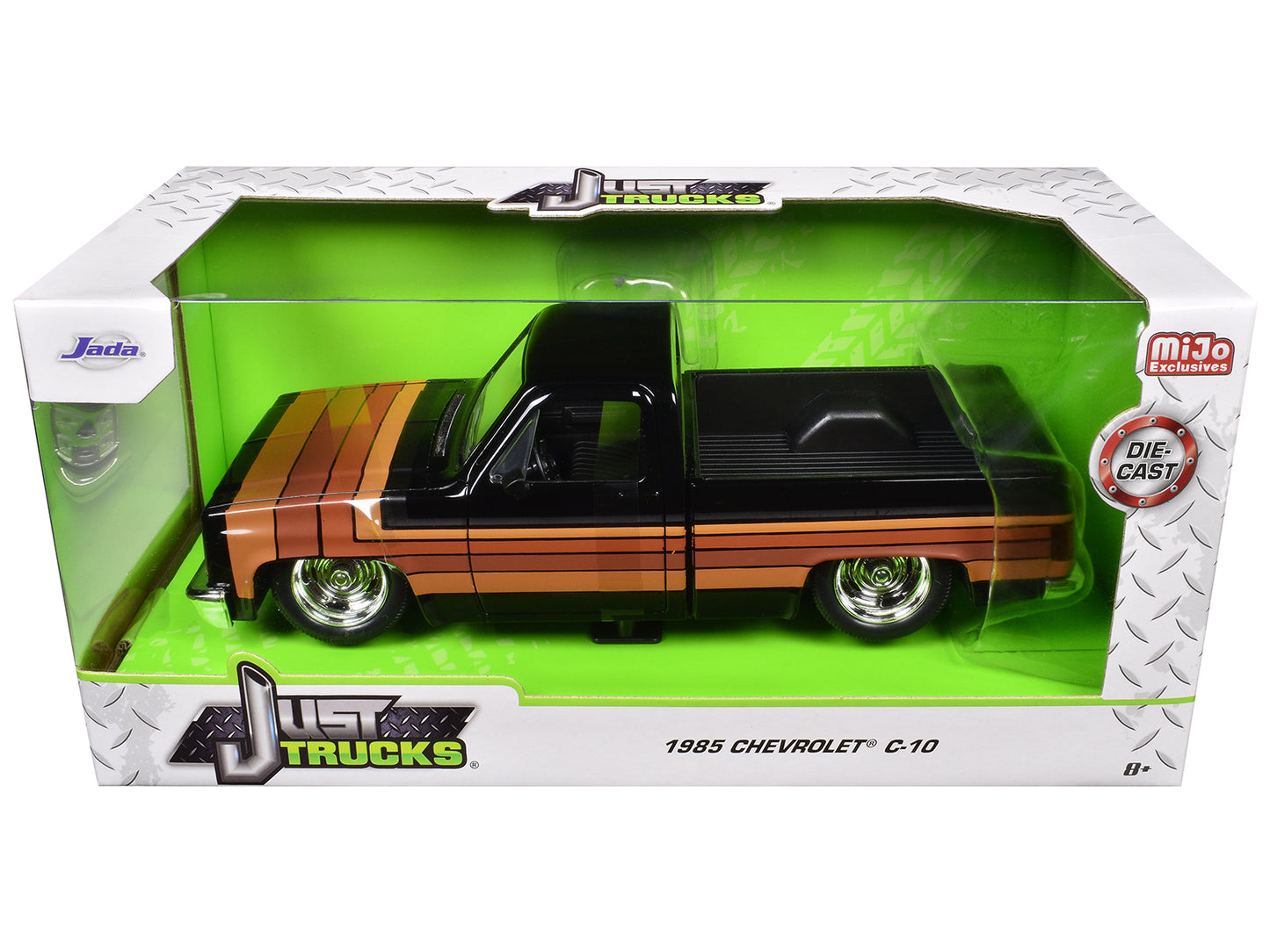1985 Chevrolet C-10 Pickup Truck Black with Stripes and GM Rally Wheels "Just Trucks" Series 1/24 Diecast Model Car by Jada <h2>1985 Jada</h2> <p>High-quality perfect for collectors enthusiasts. Featu