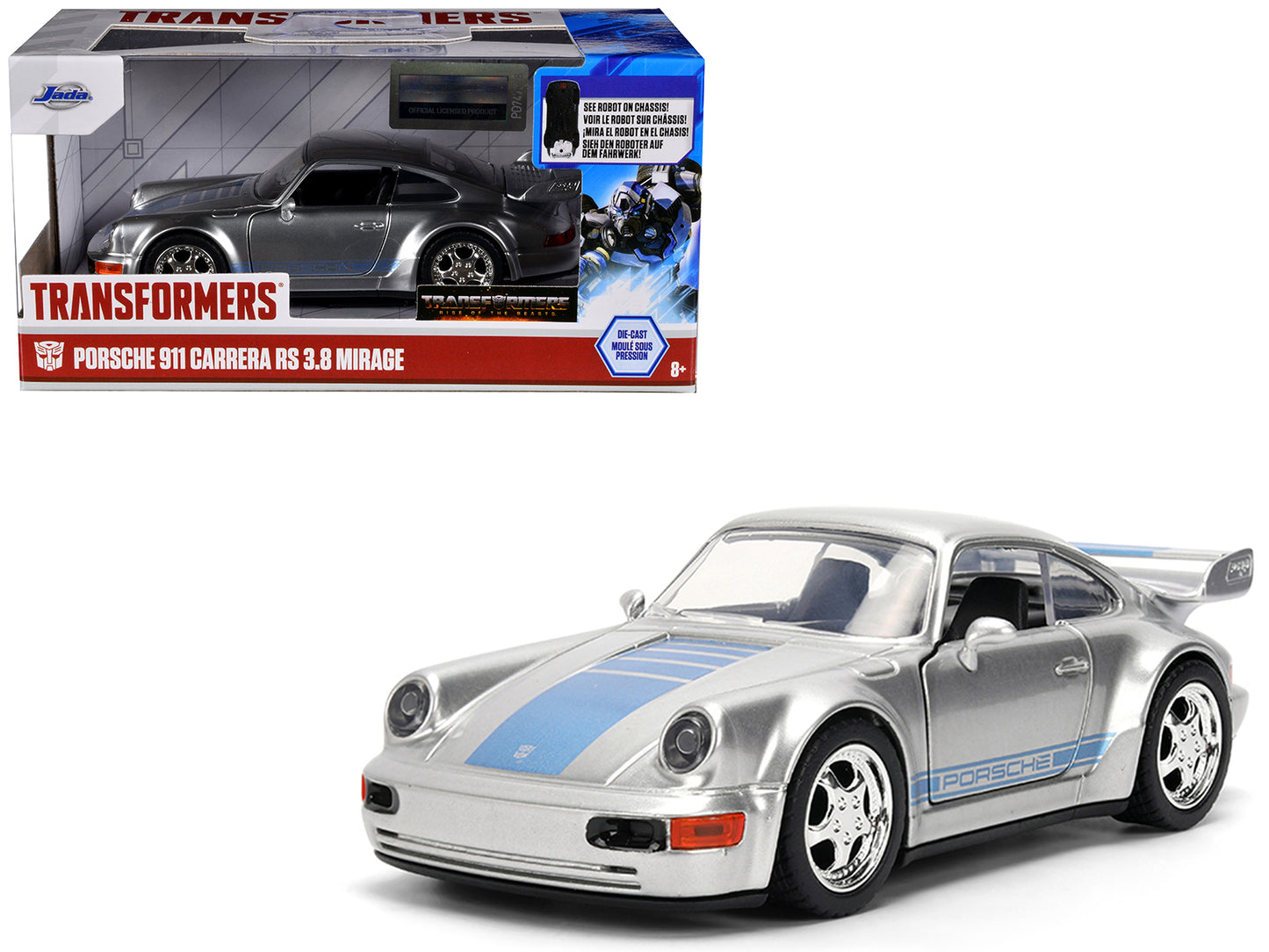 Porsche 911 Carrera RS 3.8 "Mirage" Silver Metallic with Blue Stripes "Transformers: Rise of the Beasts" (2023) Movie "Hollywood Rides" 1/32 T&y Diecast Model Car by Jada