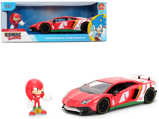 Lamborghini Aventador SV Red with Graphics and Knuckles T&y Diecast Figure "Sonic The Hedgehog" Franchise "Hollywood Rides" Series 1/24 T&y Diecast Model by Jada