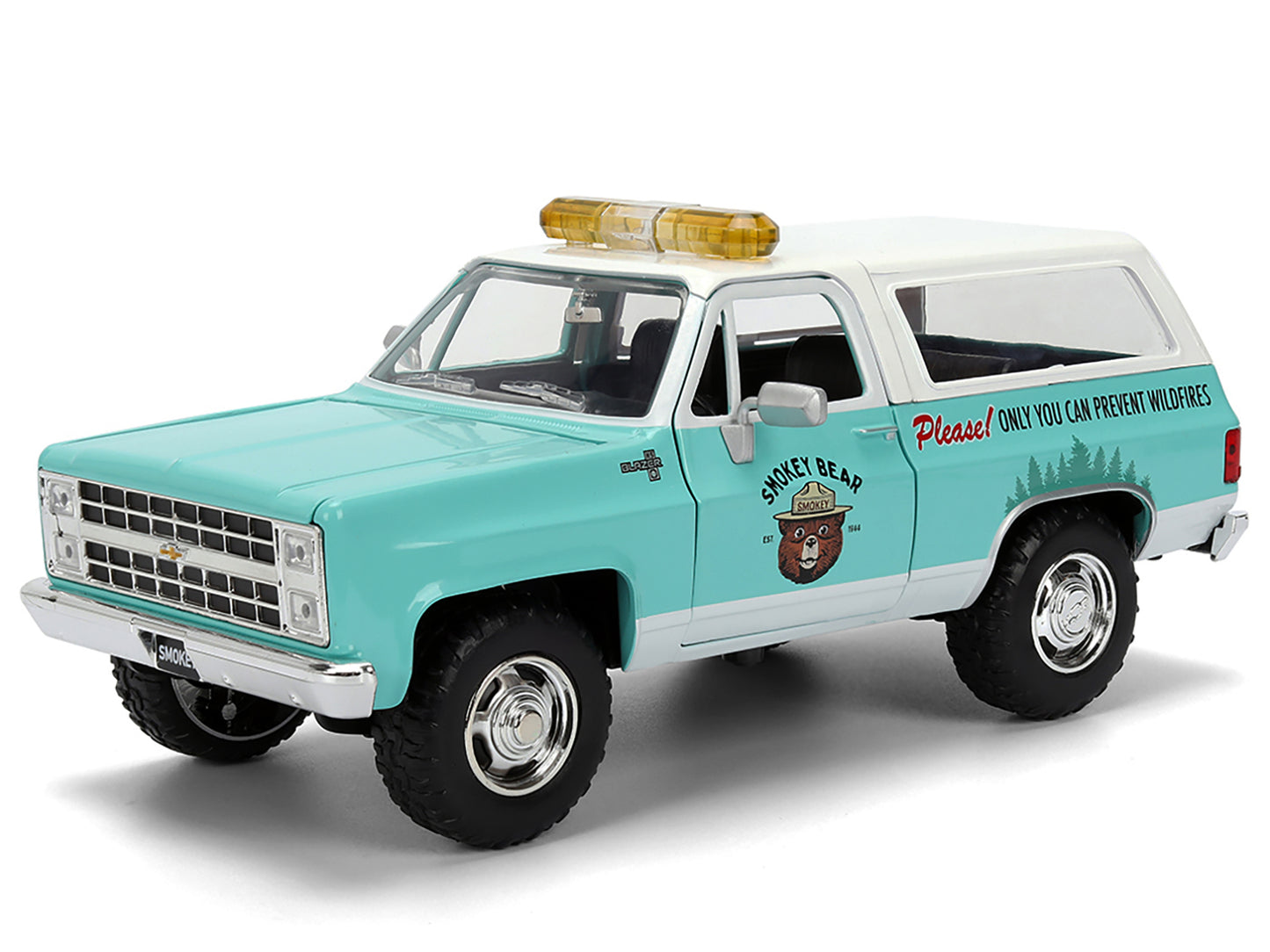 1980 Chevrolet Blazer Light Green with White Top and Graphics Smokey Bear Diecast Figure "Smokey Bear" "Hollywood Rides" Series 1/24 Model by Jada <h2>1980 Jada</h2> <p>High-quality car perfect for co
